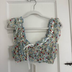 For Love & Lemons White Floral Strawberry Ruffle Crop Top